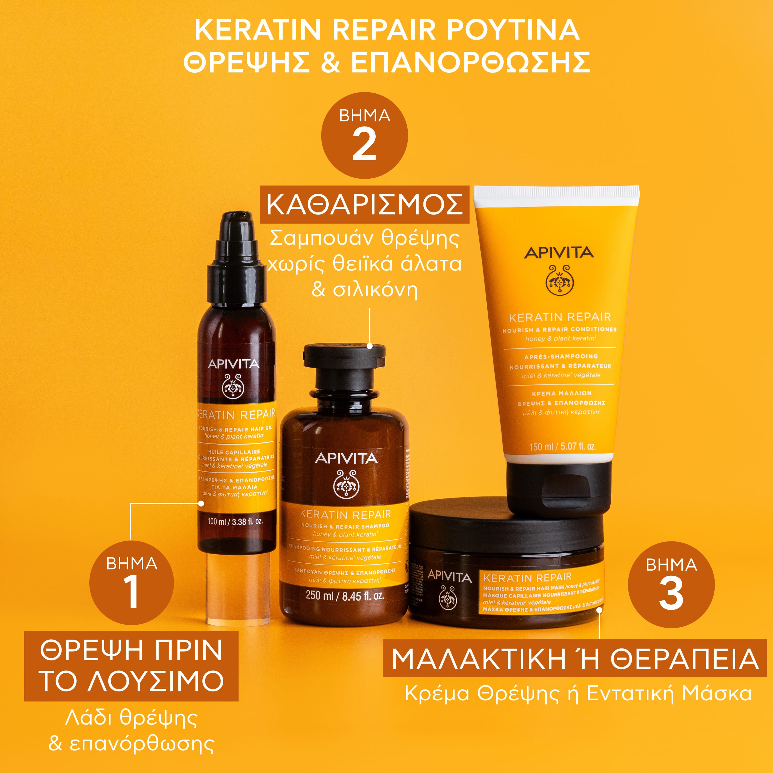 APIVITA - KERATIN REPAIR Λάδι Θρέψης & Επανόρθωσης με μέλι & φυτική κερατίνη - 100ml